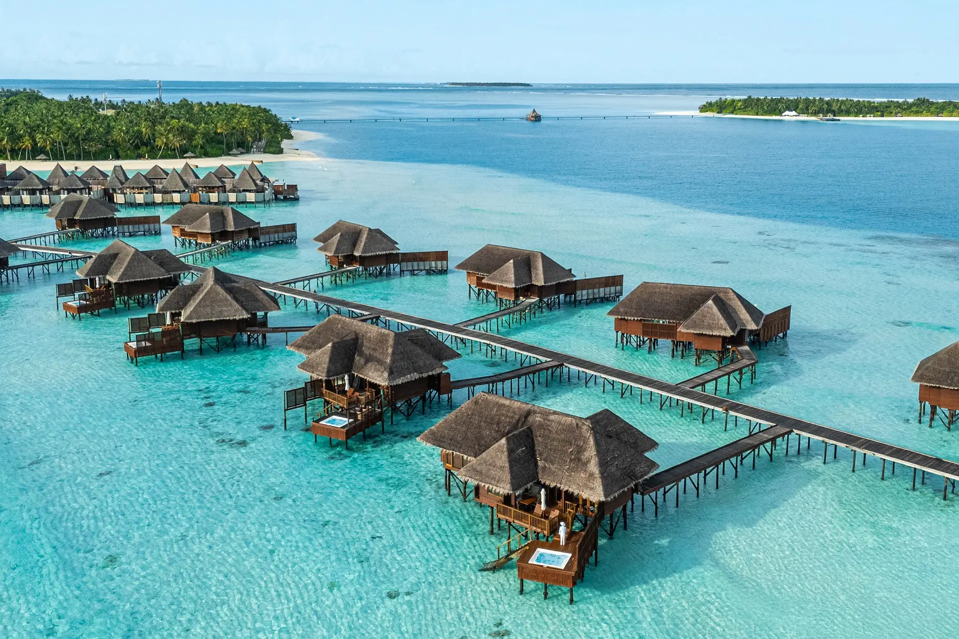Aerial view of the overwater villas at Conrad Maldives Rangali Island